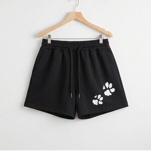 Women's Black Drawstring Micro Shorts with White Paw Prints Puppy Print Cute